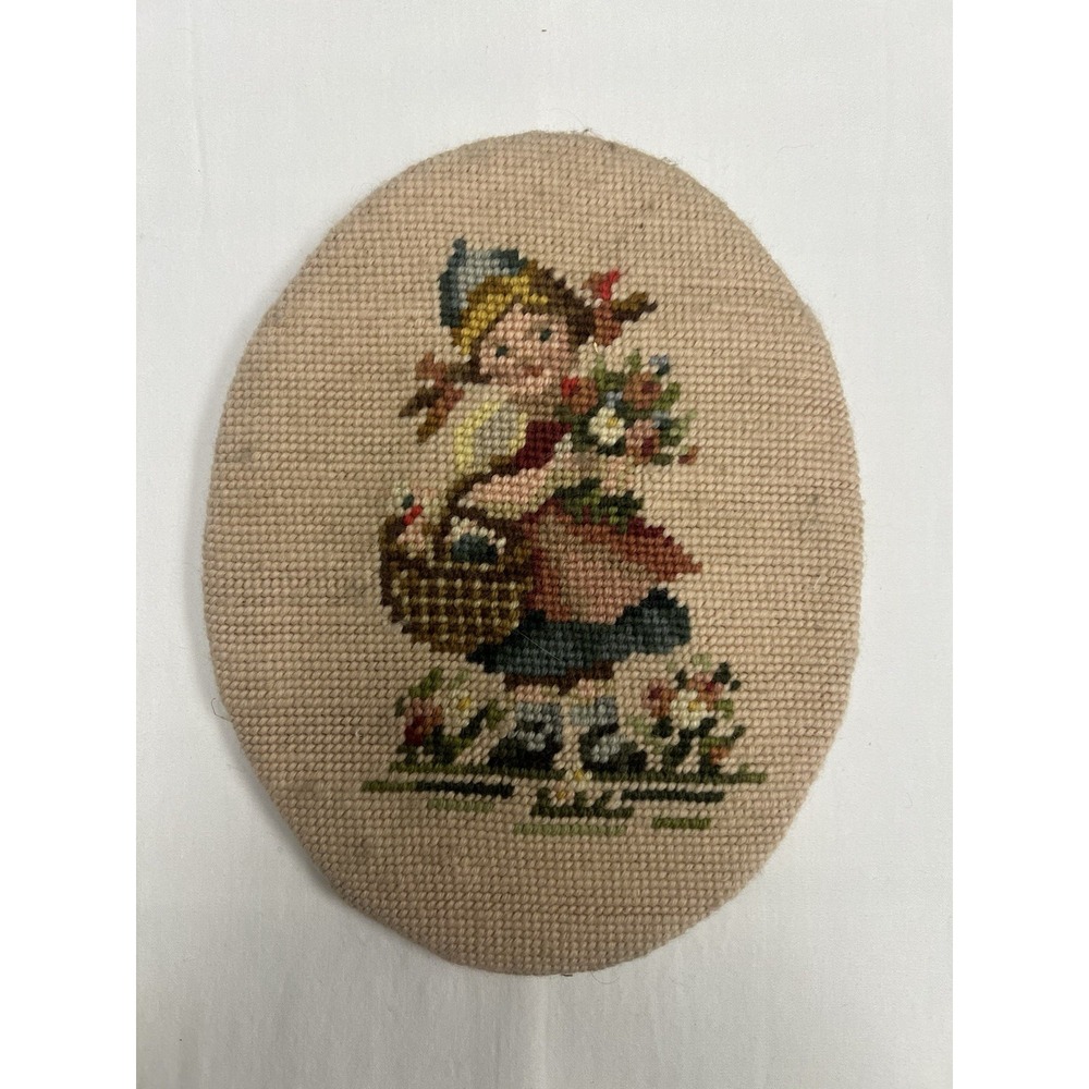 VTG Hummel Finished Yarn Needlepoint Child Girl Basket Unframed 9in X 7in
